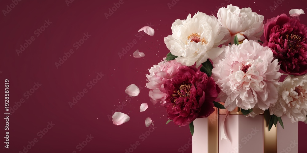 Fototapeta premium Elegant white gift box with gold ribbon surrounded by soft peonies and petals on blush background