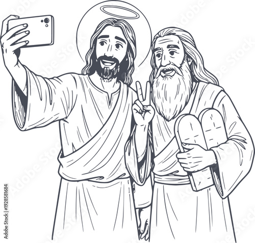 hand drawn style illustration of jesus and moses taking a selfie with a smartphone funny religious concept vector with black fill and no white fills