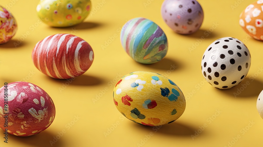 Fototapeta premium Colorful Easter eggs sat on a yellow surface, arranged flat.