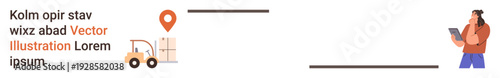 Supply chain, inventory management, delivery services, logistics, warehouse operations, technology use. A forklift with packages, a pin marker and a worker with a tablet. Logistics and supply chain