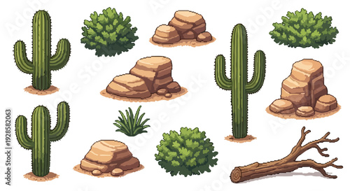 A collection of pixel art desert assets featuring various cacti, rock formations, bushes, a tuft of grass, and a fallen log.