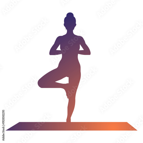 Silhouette of a woman performing the Vrksasana yoga pose on a mat