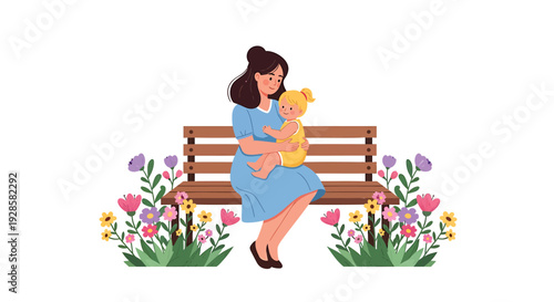 Mother holding baby on bench with flowers