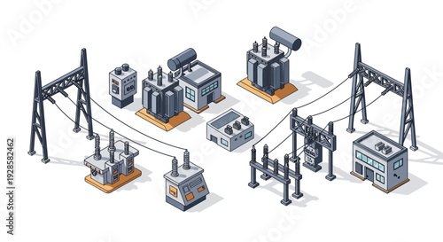 Isometric illustration of an electrical substation with transformers, power lines, and buildings, showcasing industrial infrastructure.