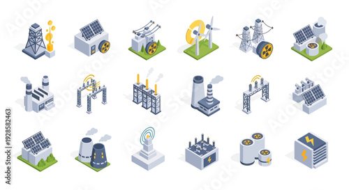 Collection of isometric illustrations depicting various industrial power generation facilities and energy infrastructure elements.