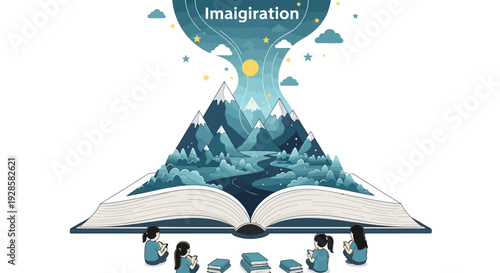 A vibrant illustration of a group of children reading an open book with imagination coming out, featuring a mountain landscape on the pages in a colorful and educational setting