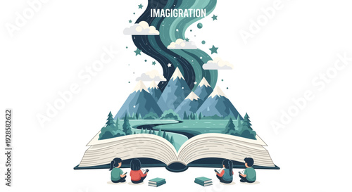 Illustration of children sitting around an open book with a fantasy landscape emerging from the pages in a whimsical and dreamy scene