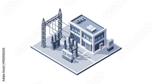 Isometric illustration of an electrical substation with transformers, power lines, and a control building, representing industrial energy infrastructure.