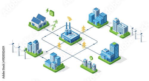 Isometric illustration of a smart city grid connecting various buildings, solar panels, and wind turbines to a central power plant.