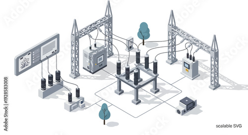 Isometric illustration of a modern electrical substation with transformers, circuit breakers, and control panels, showcasing power distribution infrastructure.