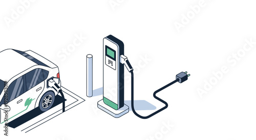 An electric vehicle is shown connected to a charging station, illustrating the process of refueling an eco-friendly automobile.