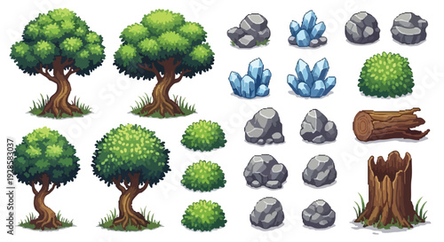 A collection of stylized cartoon assets including trees, bushes, rocks, blue crystals, a log, and a tree stump, rendered in a top-down isometric style.
