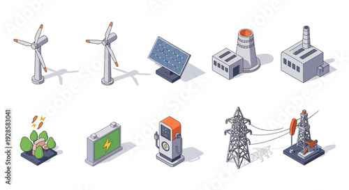 Isometric illustration of various renewable and traditional energy sources and infrastructure, including wind turbines, solar panels, factories, and charging stations.