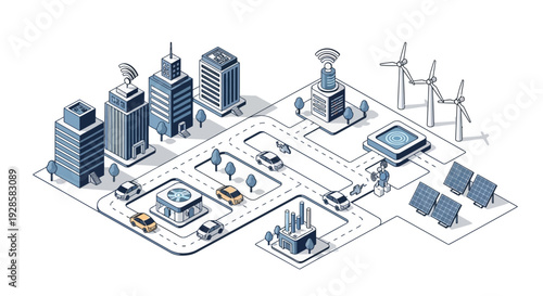 Isometric illustration of a smart city with autonomous vehicles, renewable energy sources, and connected infrastructure.