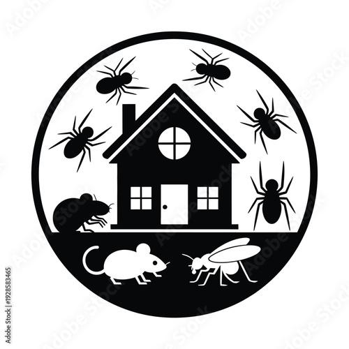 No pests sign, black house silhouette with mouse and insects, red prohibition circle, warning symbol, isolated.