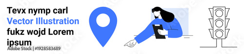 Navigation, location services, logistics planning, customer service, traffic management, modern illustration . Blue location pin, woman with clipboard traffic light icons. Navigation and location