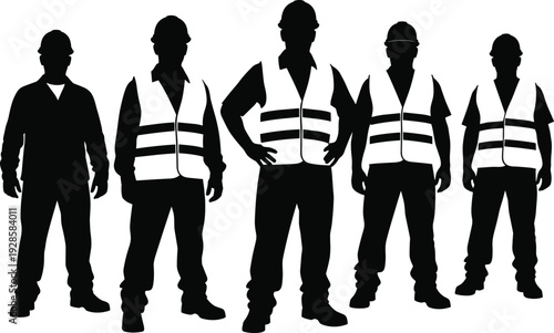 Construction workers silhouette set, industrial builders wearing safety helmets and reflective vests black and white vector illustration artwork