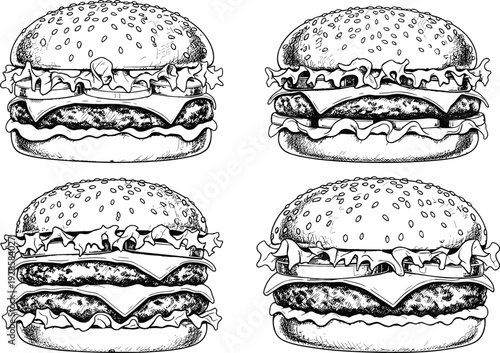 Hand drawn burger illustration set, vintage engraved cheeseburger fast food sketch collection detailed black and white vector artwork