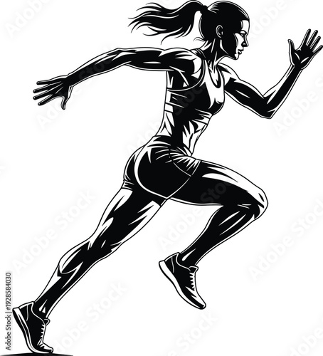 Female runner sprinting silhouette illustration, dynamic athletic woman running isolated black and white sports fitness vector artwork