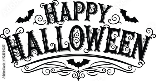 Happy Halloween vintage typography design, decorative gothic lettering with bats ornate flourishes spooky holiday vector illustration artwork