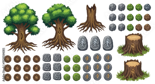 A collection of stylized game assets featuring lush trees, hollow trunks, carved tree stumps, and various tokens with natural and runic designs.