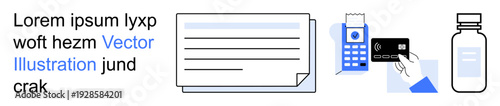 Digital payments, e-commerce, healthcare, invoices, pharmacy, technology services. Card reader with payment card, invoice form medicine bottle. Digital payments and e-commerce concept