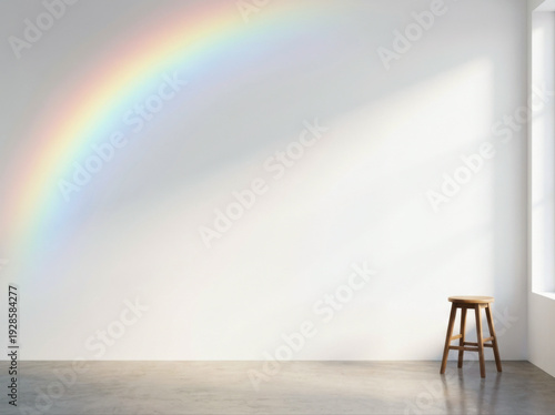 Minimal room with rainbow light on the wall and a wooden stool in the corner