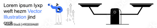 Justice, decision-making, business ethics, personal growth, equality, achievement. A balanced scale beside a person interacting with growth elements. Justice and decision-making concept
