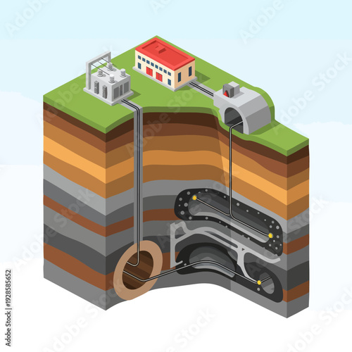Cross-section illustration of a modern underground mining operation, showcasing extraction tunnels, shafts, and surface facilities.