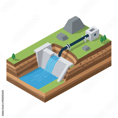Isometric illustration of a hydroelectric power plant with a dam, reservoir, penstock, and turbine house, showcasing renewable energy generation.