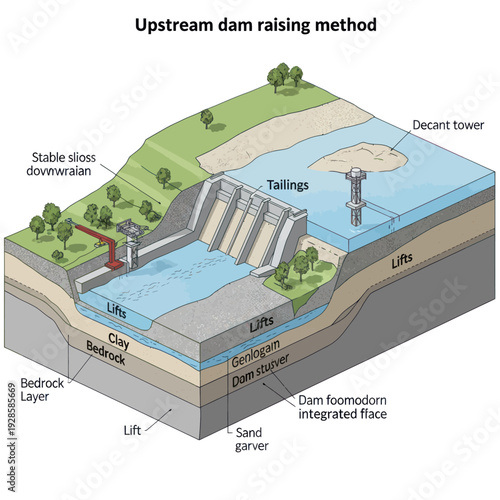 Diagram illustrating the upstream dam raising method, showing the construction process and various components involved in enhancing dam height.