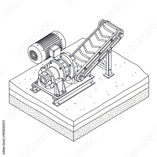 Isometric illustration of an industrial crushing machine with a conveyor belt system, mounted on a layered ground foundation.