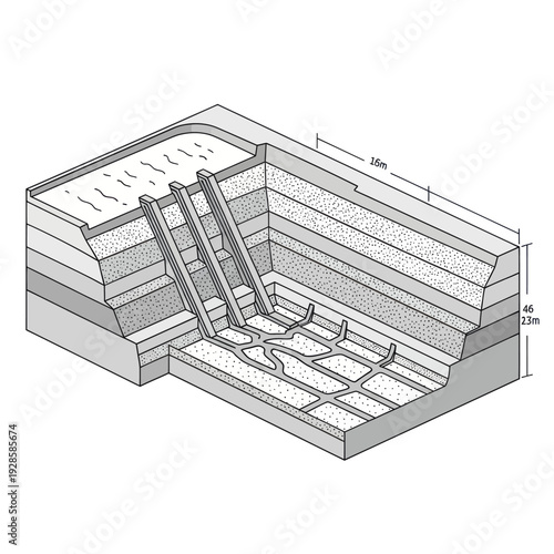 Cross-section illustration of a complex underground water management system with multiple levels and channels.