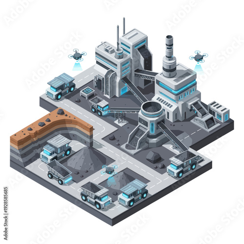Isometric illustration of a futuristic mining operation with autonomous vehicles and drones, showcasing extraction and processing facilities.