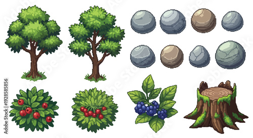 A collection of pixel art nature elements, including trees, berry bushes, a blueberry branch, a mossy stump, and various stones.