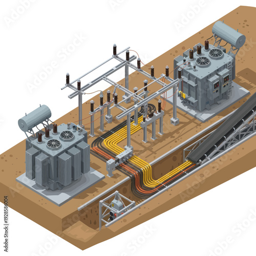 3D illustration of an electrical substation with transformers and transmission lines.