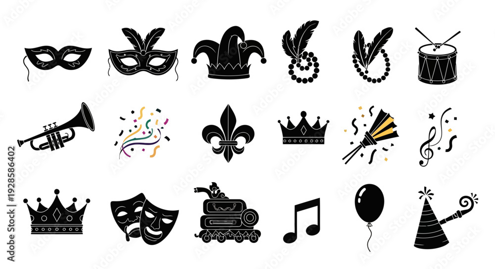Fototapeta premium Exuberant Carnival and Mardi Gras Set with Bold Flat Design Silhouettes for Festive Themes. transparent.