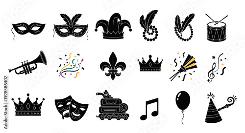 Exuberant Carnival and Mardi Gras Set with Bold Flat Design Silhouettes for Festive Themes. transparent.