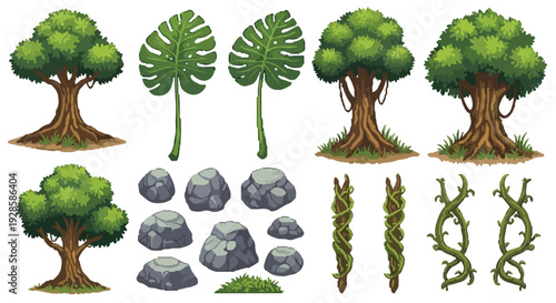 A diverse vector collection of natural elements including trees, tropical leaves, rocks, grass tufts, and various vines.