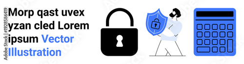 Lock icon, shield held by character, calculator representing cybersecurity and privacy. Ideal for data security, encryption, fintech, risk management, technology, analytics simple landing page