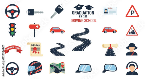 Geometric Vector Set for a Graduation from Driving School Accomplishment. transparent.