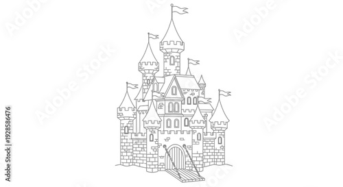 Grand Castle with Towering Turrets Educational Medieval Fantasy Coloring Sheet. transparent.