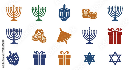Joyous Hanukkah Celebration Silhouette Set Traditional Colored Vector Icons. transparent.