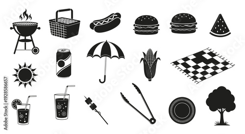 Lush Summer BBQ Picnic Black Vector Silhouette Icons for Outdoor Fun. transparent.