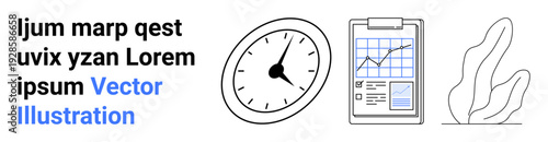 Time management, productivity, business analytics, planning, workflow, minimal design. Includes a clock, clipboard with chart and abstract plant. Time management and productivity concept