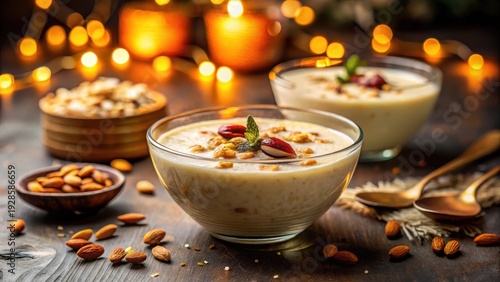 A realistic photo of Delicious kheer dessert garnished with nuts and dried fruits on a festive table