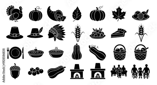 Organic Thanksgiving Harvest Festival Icon Set with Minimalist Autumn-Themed Silhouettes. transparent.