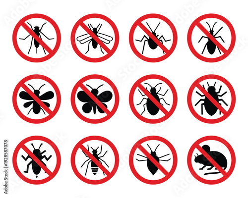 Pest control vector set, red circle prohibition signs, bugs, ants, flies, cockroach, mosquito, rat, mouse silhouettes, warning and prevention design.