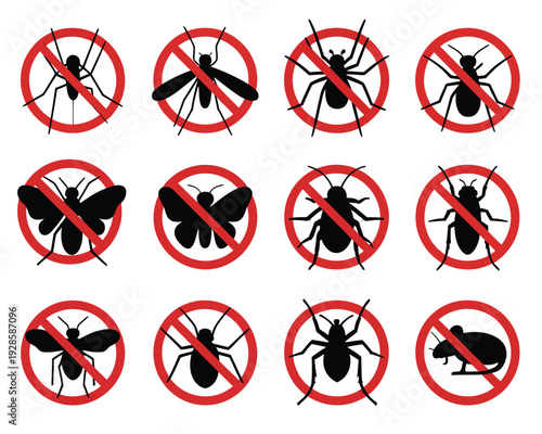 Pest control vector set, red prohibition signs with insects, bugs, flies, ants, cockroach, mosquito, rat, mouse silhouettes, warning, prevention icons