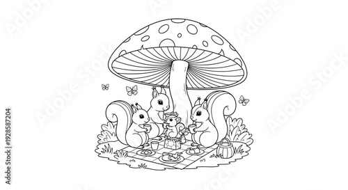 Squirrel Family Picnic Under Giant Mushroom Fantasy Line Art Coloring Sheet. transparent